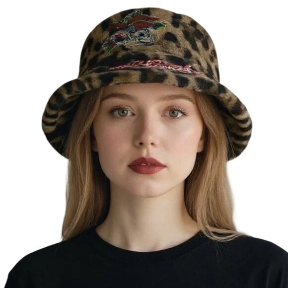 Ed Hardy Accessories - Ed Hardy Y2K Leopard Print Faux Fur Love Kills Slowly Boho Bucket Hat